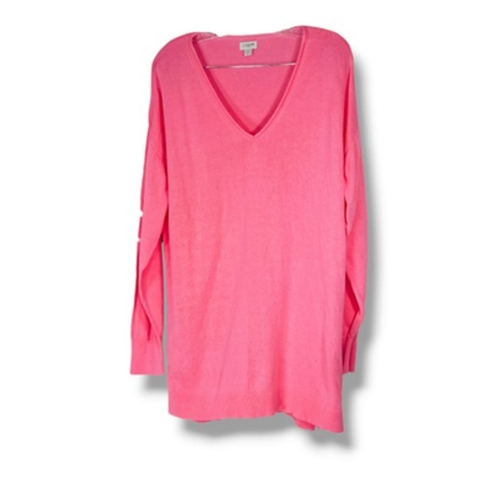 J.Crew Linen Blend Oversized Tunic Sweater V Neck Side Buttons Hot Pink XXL